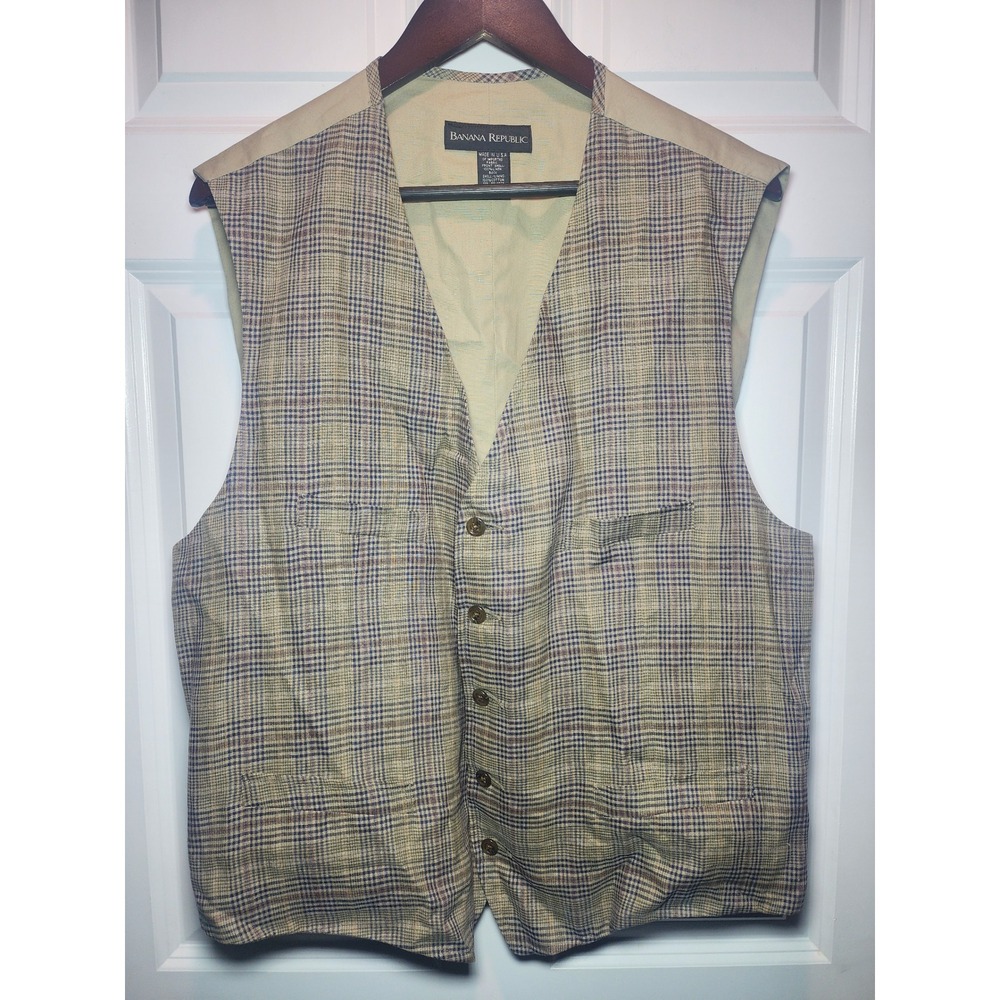 Vintage Banana Republic 90s Made in USA Plaid Linen Cotton Vest Mens Tan L